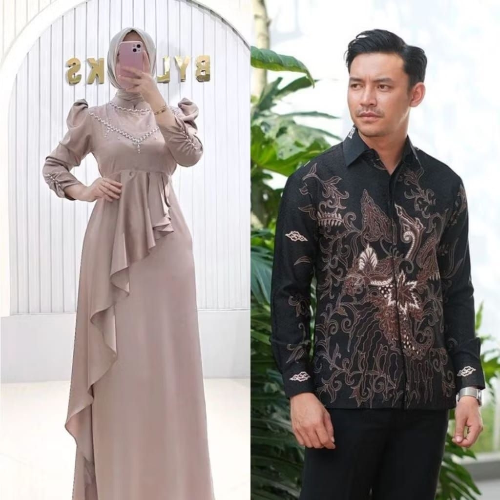 COUPLE KEMEJA BATIK DRESS SATIM POLOS KOMBINASI PAYET MUTIARA BAJU LEBARAN MODEL TERBARU SLIMFIT BOD