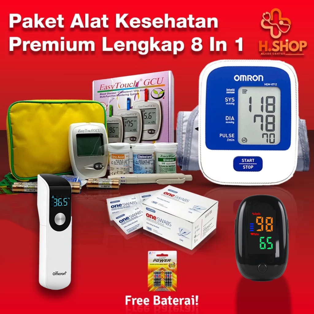 1 Paket Lengkap Alat Kesehatan 5 in 1 / Tensimeter Digital / Tensimeter Omron 8712 Original / Alcoho