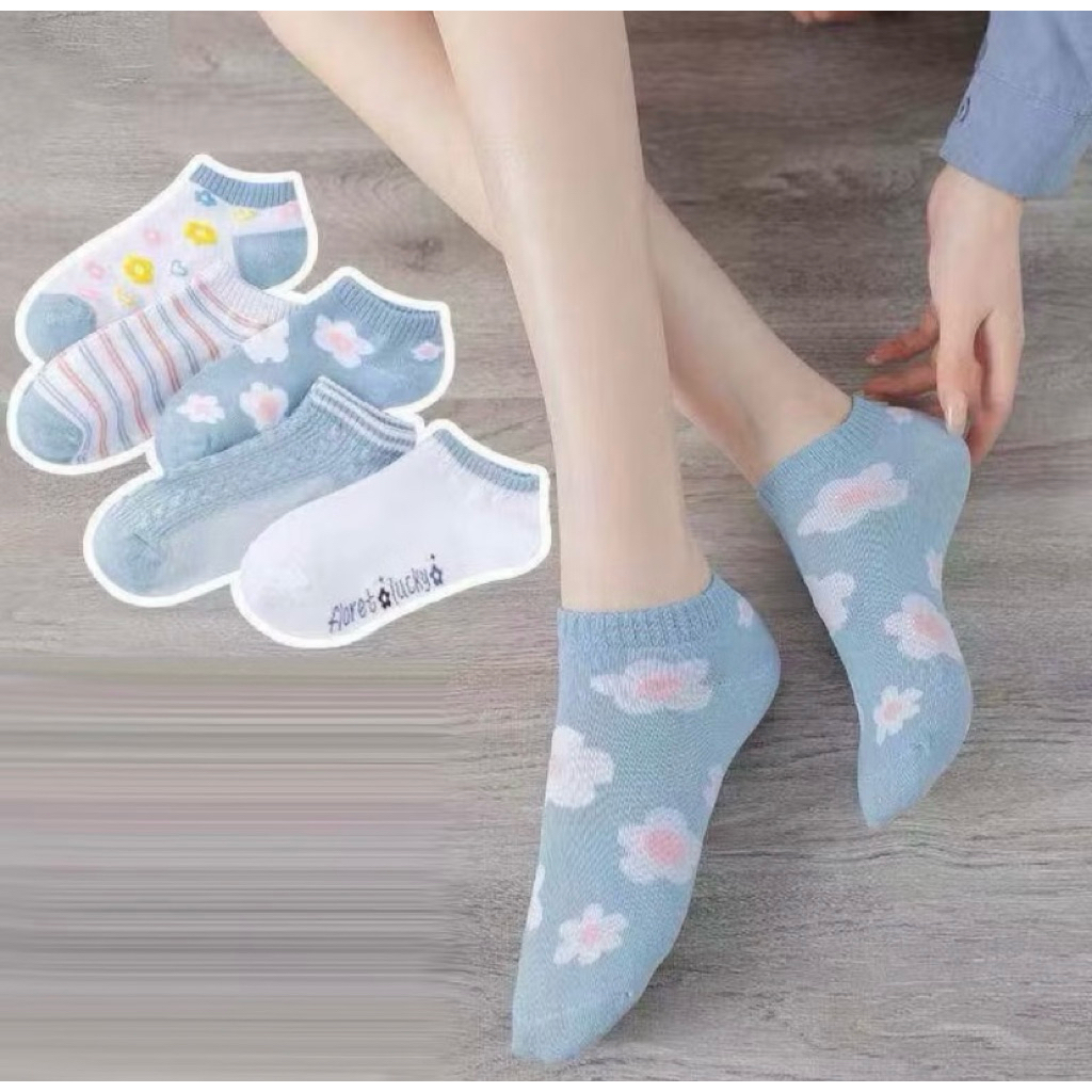 Kaos Kaki KS12 Kaos Kaki Wanita Motif Bunga Biru Fashion Korea