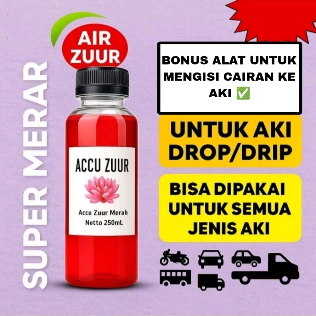 Cairan Accu Zuur Merah Elektrolit Super Premium Khusus Penyembuh Sel Baterai Drop Lemah Soak Tekor M