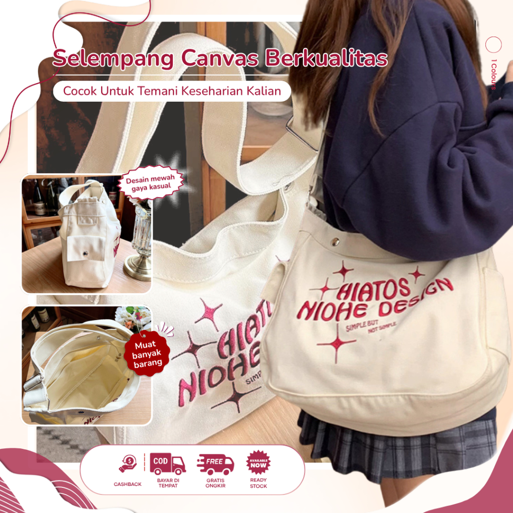 Ymeet ready import tas slempang fashion tas wanita selempang bahan kanvas tas wanita selempang lebar