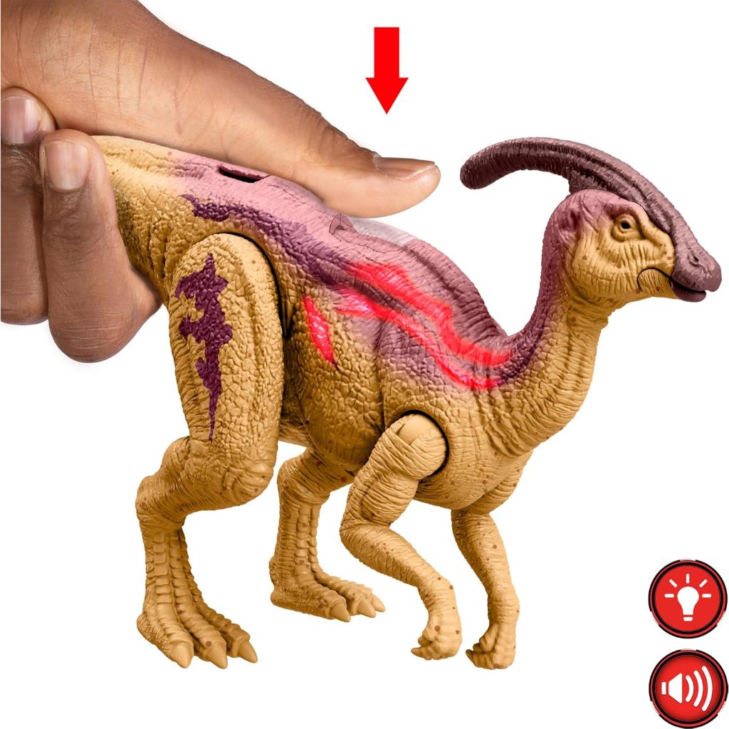 Mattel Jurassic World Wild Roar Dinosaurier-Actionfigur, Parasaurolophus mit leuchtenden