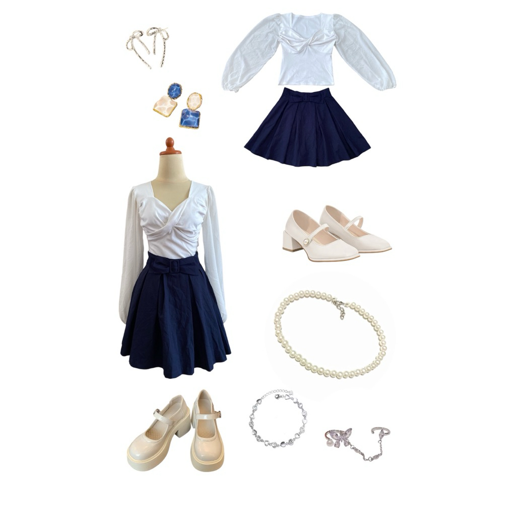 set top white putih knit sifon lengan balon skort rokcel mini pita navy ingni kawai coquette