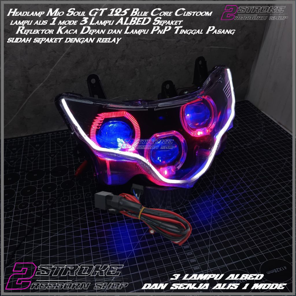 Headlamp Mio Soul GT 125 Blue Core Custoom lampu alis 1 mode 3 Lampu ALBED Sepaket Reflektor Kaca De