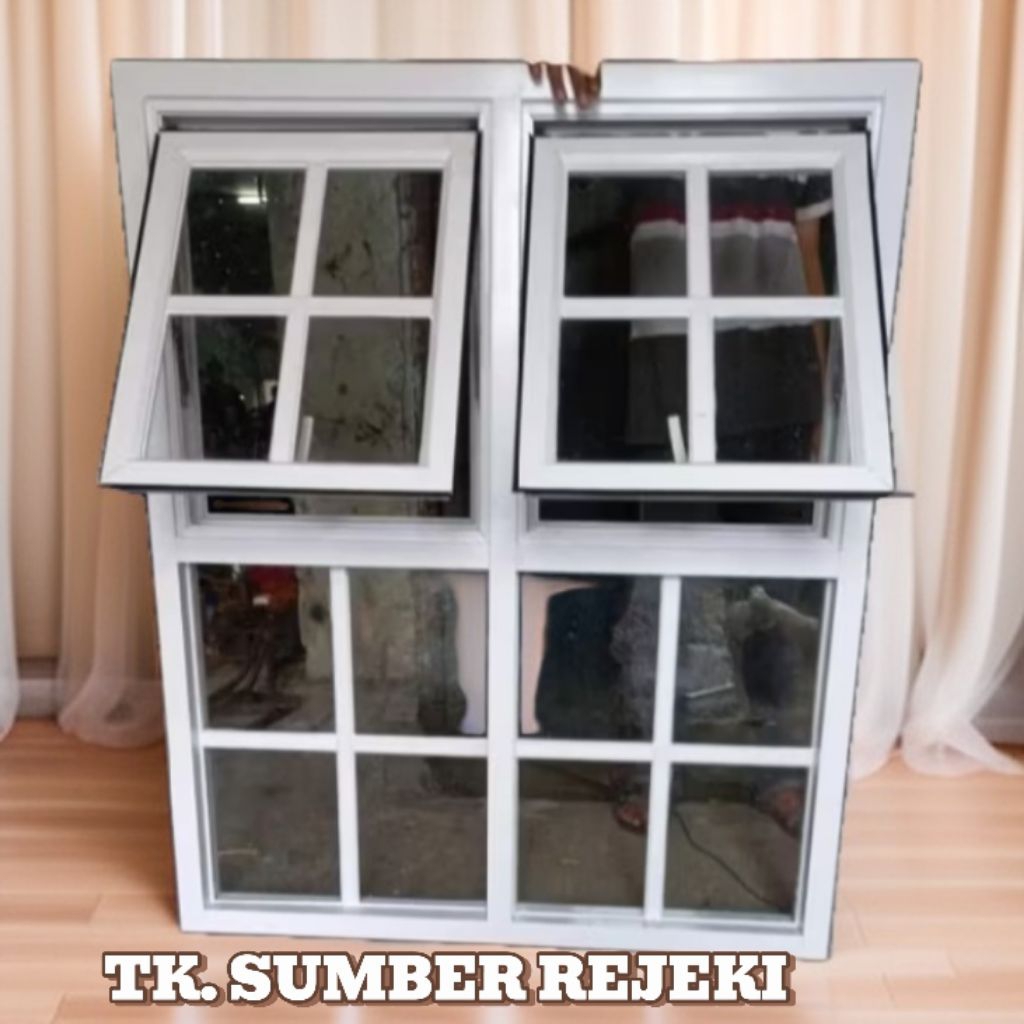 JENDEL ALUMUNIUM GANDENG JUNGKIT SETENGAH KACA MATI KUSEN 3IN KACA 5MILI +LIS ORNAMEN UKURAN 120X120