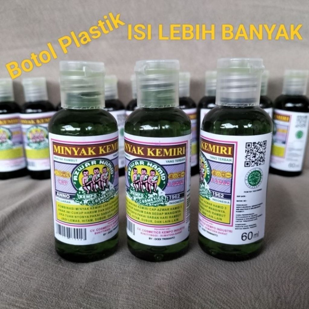 Minyak Rambut Kemiri Cap 3 Anak botol Kaca&Plastik