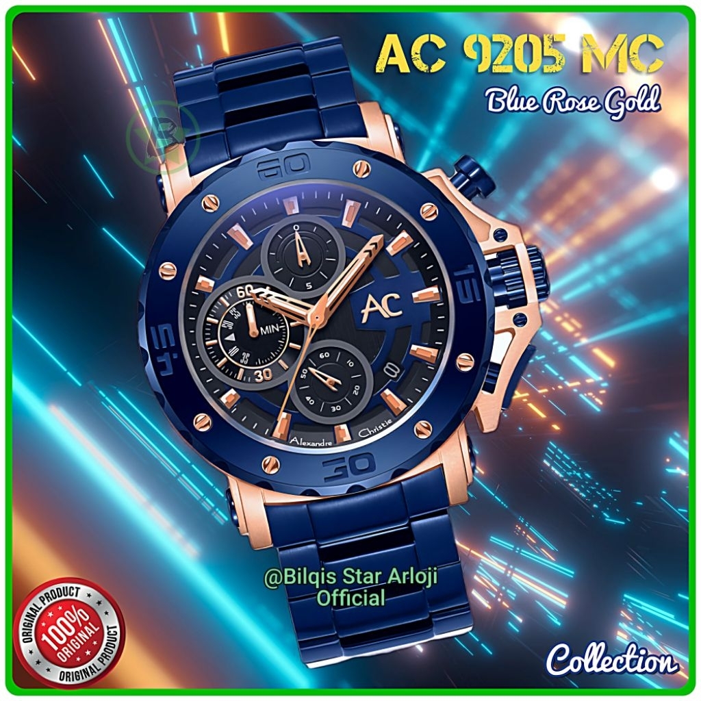 New Alexandre Christie Collection Pria Ac 9205 Mc Tali Rantai Biru Rose Gold Original