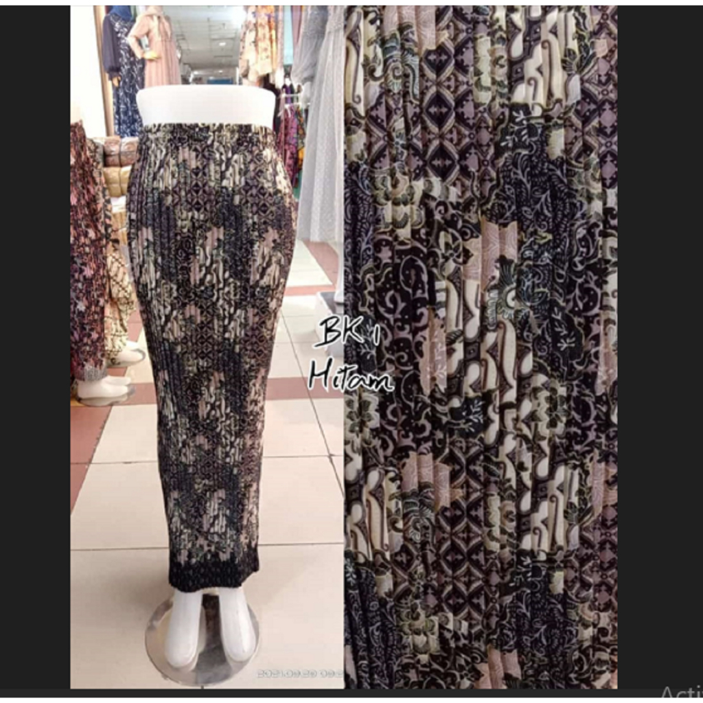Rok Batik Wanita Model Plisket Bahan Semi Sutra Silky Motif BK1 Warna Hitam