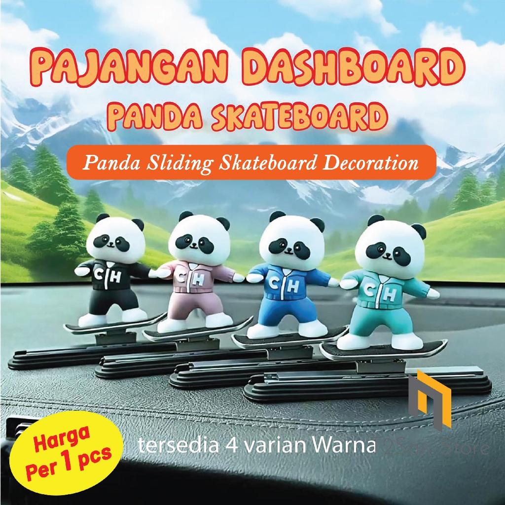 Pajangan Dashboard Mobil Motif Panda Skateboard