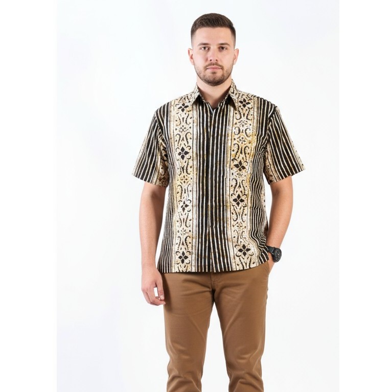 Kemeja Hem Batik Pria Lengan Pendek Hitam Putih 34 - Batik Nulaba
