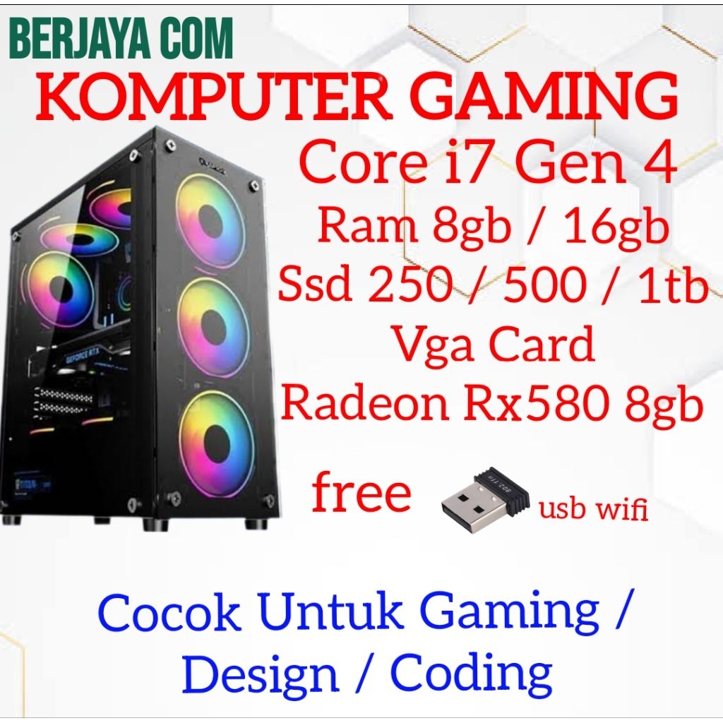 Core i7 gen 4 - Vga Radeon Rx580 8gb - 16gb ram - 500gb ssd - Pc rakitan - komputer gaming - cpu des