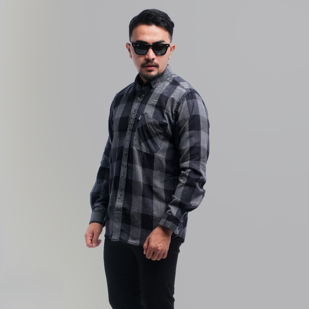 DGM Kemeja Flanel Pria Lengan Panjang Kotak Abu dan Hitam Kemeja Pria Flanel Pria Kemeja Panjang 156