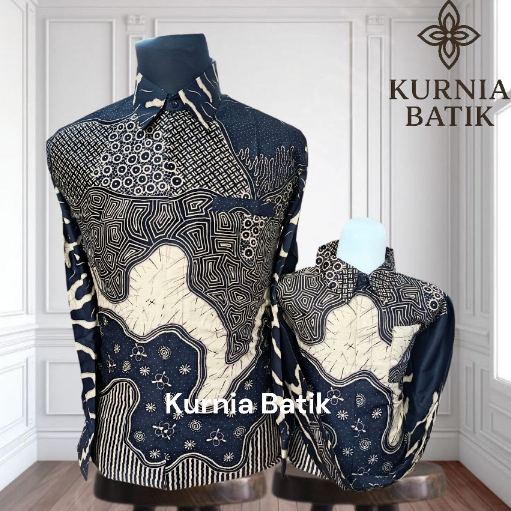 Hitam Cream, Kemeja Batik Couple Ayah Dan Anak, Warna Hitam Cream, Motif Raja Ampat, Bahan Katun