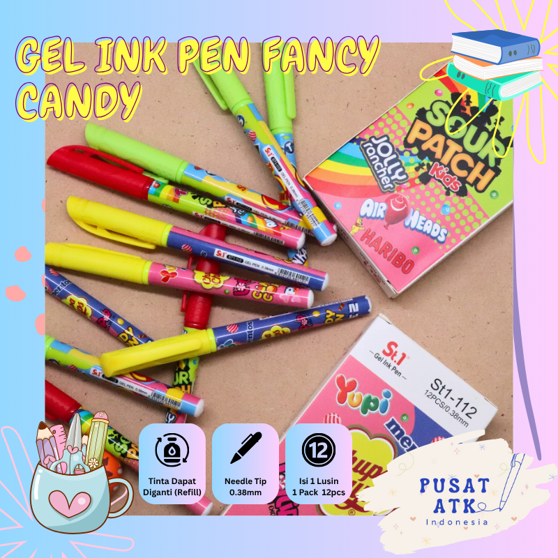 [1 Pack Isi 12pcs] ST.1 Pulpen Gel Ink Pen 0.38mm SOUR CANDY APL Tinta Bisa Refill