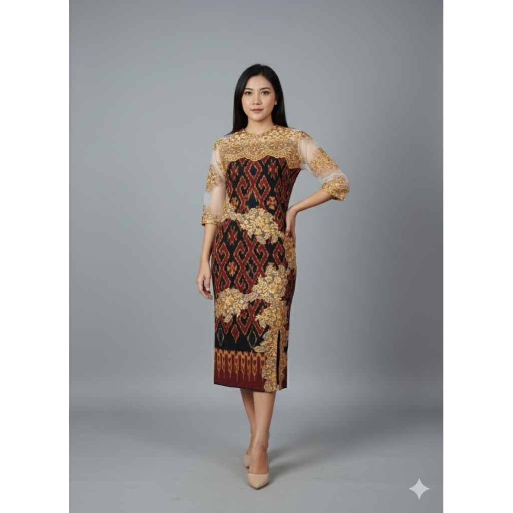 dress tenun natal etnik, bahan kain tenun blanket mix brokat