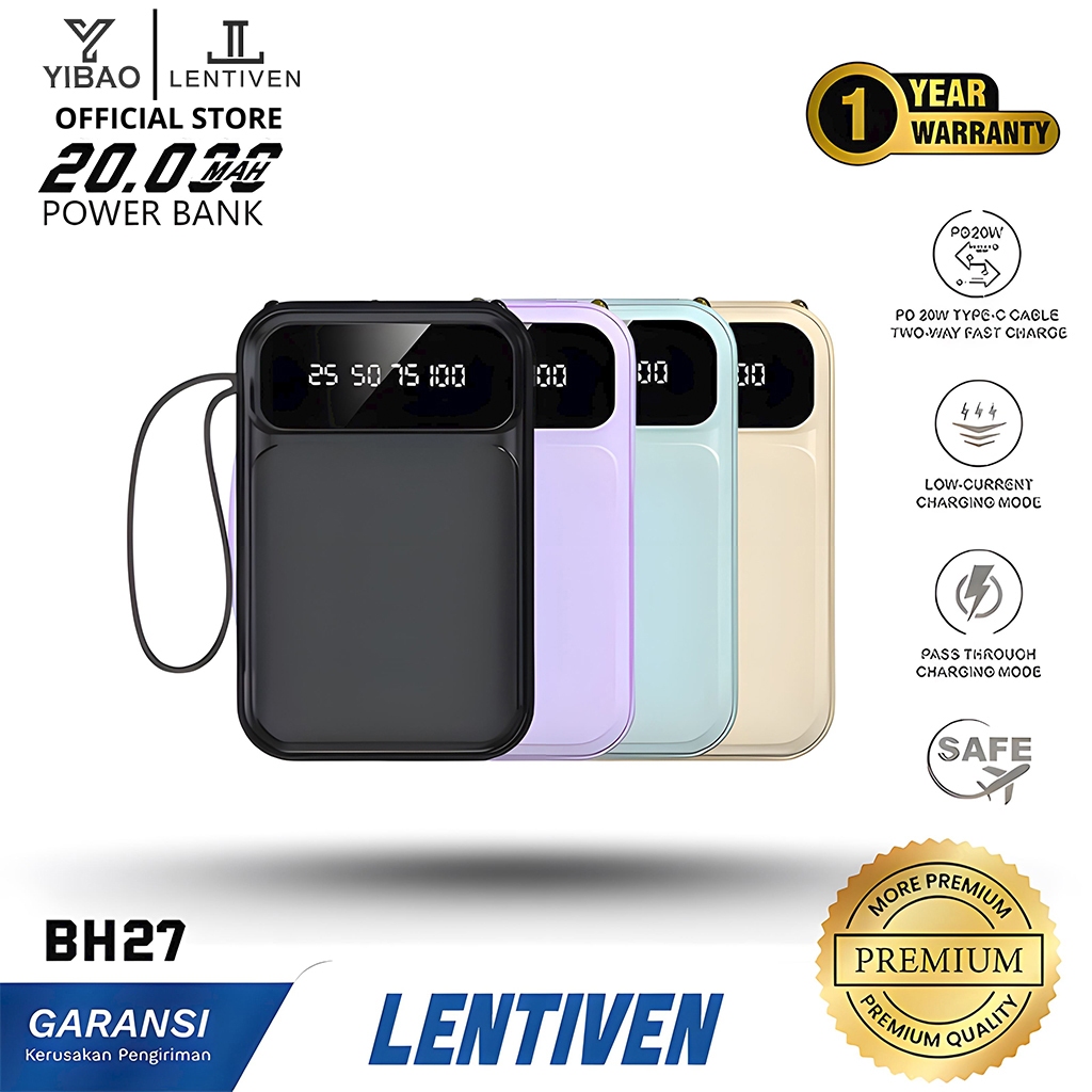 YIBAO LENTIVEN Powerbank 20000 mAh Mini Size Fast Charging with Kabel Data Type C Micro USB B7