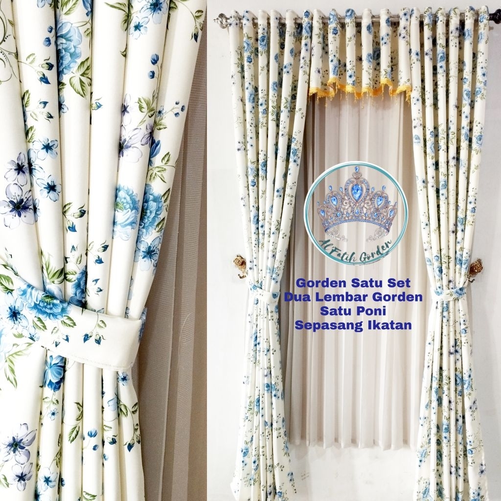 Gorden Satu Set Poni Pintu Ruang Tamu Bahan Blackout Motif Bunga Panda Biru