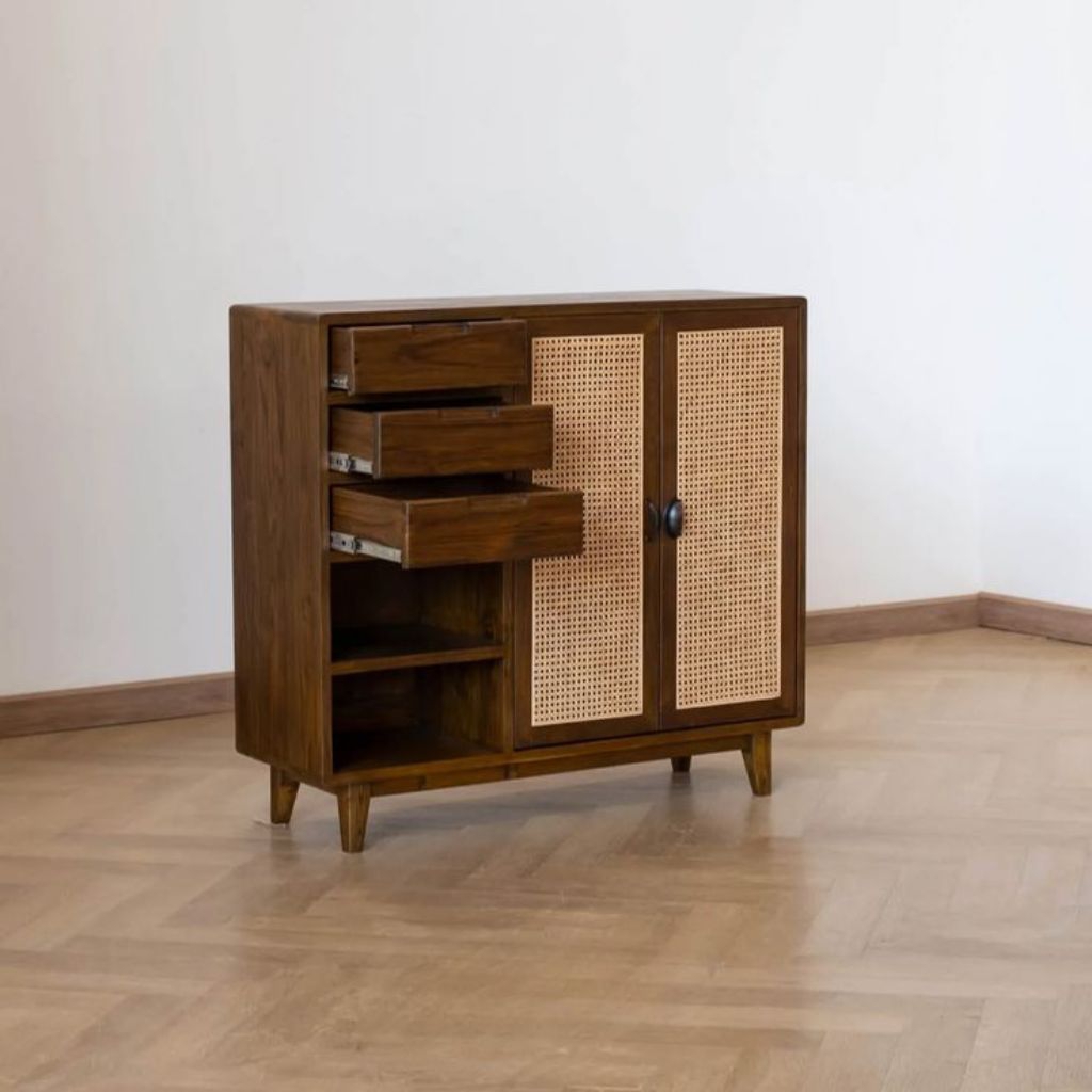 ALMARI CABINET MINIMALIS BAHAN JATI ROTAN | 3 LACI