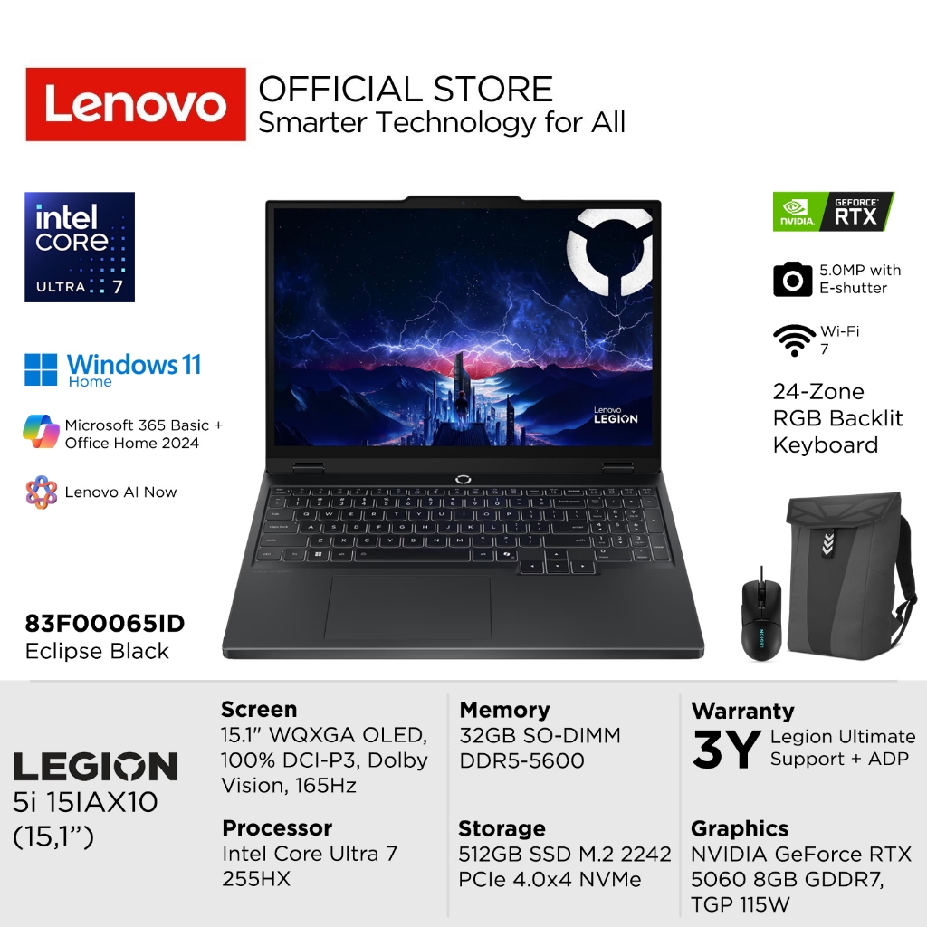 Lenovo Legion 5i 15IAX10 65ID Intel Core Ultra 7 255HX, NVIDIA RTX 5060 8GB, RAM 32GB, SSD 512GB, 15