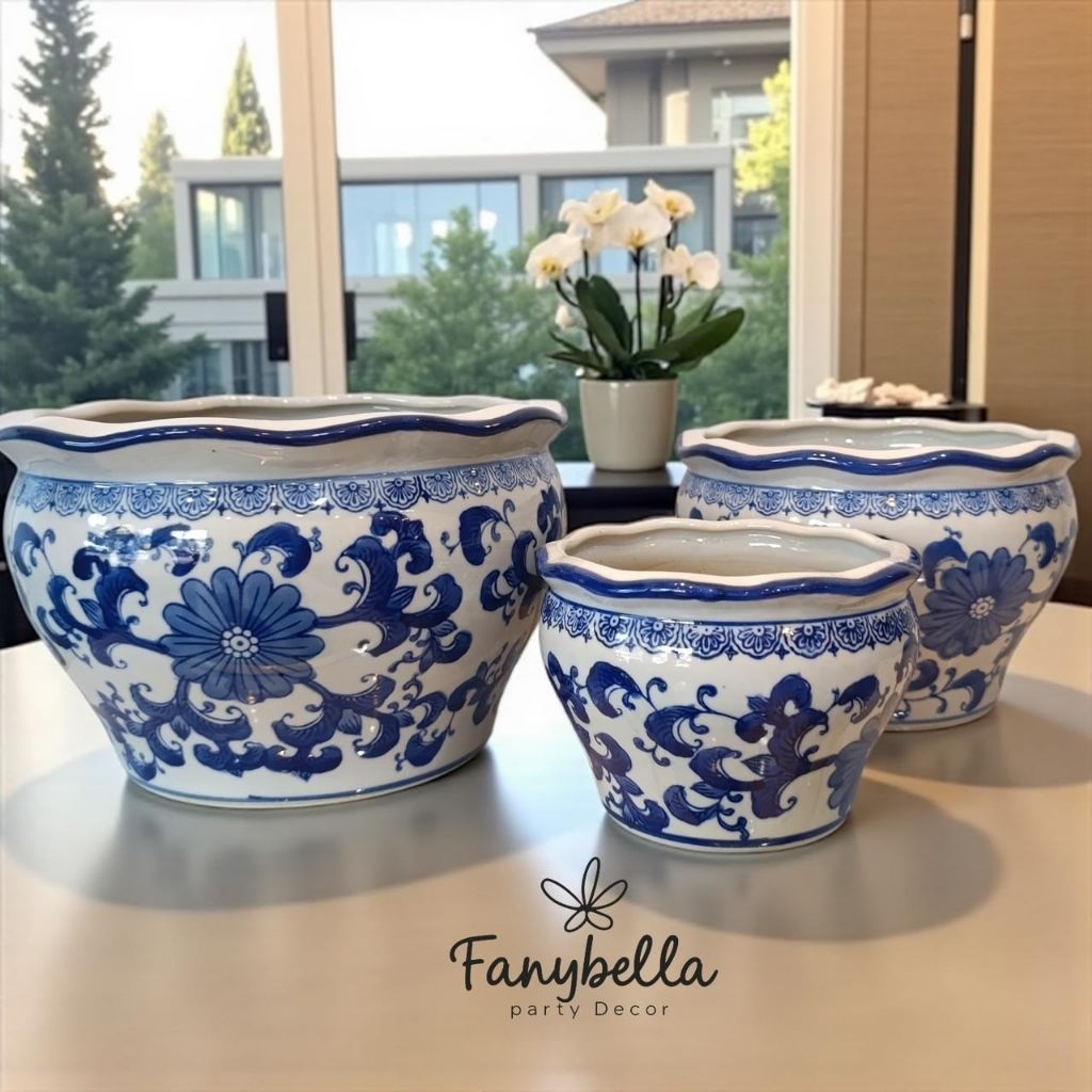 Pot Keramik Tanaman Vas a Bunga Keramik Biru Bunga Minimalis Ukuran 30 cm Aesthetic Dekorasi Rumah I