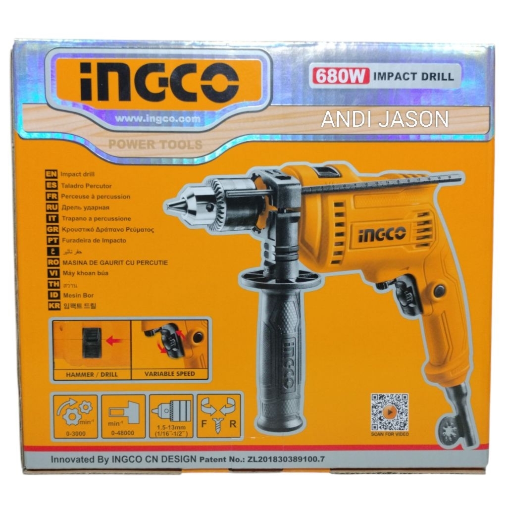BOR LISTRIK 13MM 680WATT INGCO ID 6808 BONUS 1 SET MATA BOR BESI INGCO DAN 1 SET SARUNG TANGAN IMPAC