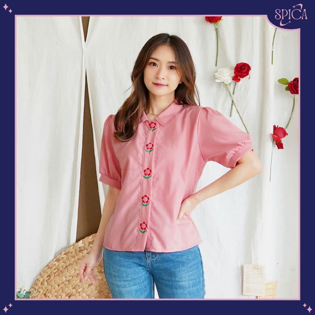 SPICA - Blus atasan kasual katun poplin lengan puff pendek adem baju kerja S-L - Floral Puff Blouse