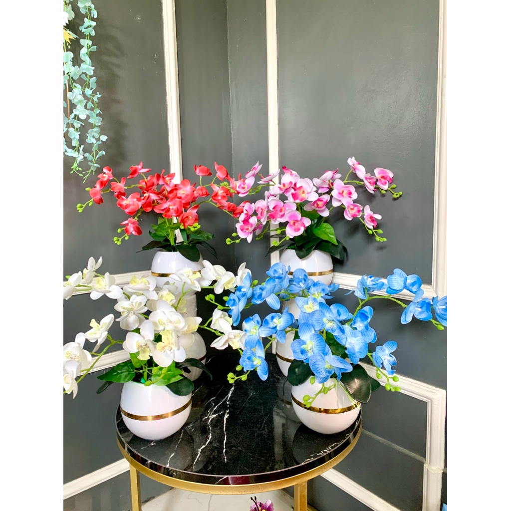 Bunga Anggrek KAIN 6 Cabang Pot BOLA Plastik 12 cm