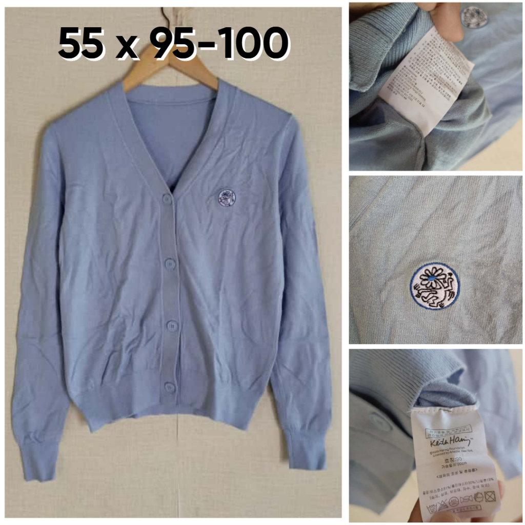 Cardigan Keith Haring Sky Blue Biru V Neck Size M Wanita Knit Bahan Mulus Lembut Premium OB523