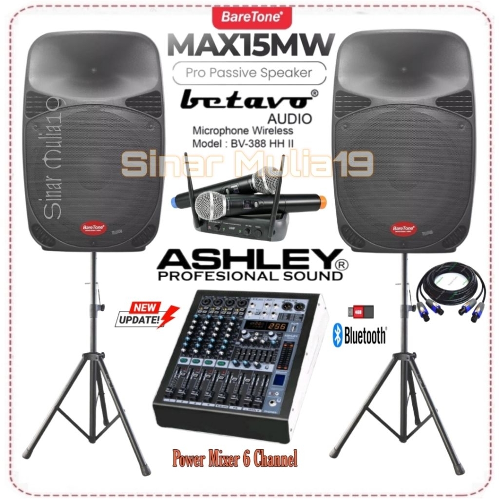 Paket Sound System Karaoke Speaker 15 Inch BareTone Max15mw Power Mixer Ashley Bluetooth Mic Wireles