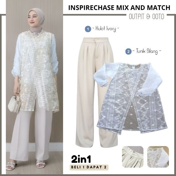 2In1 Set (Celana Kulot + Outer Brokat) Keyra Organza Payet Tunik Brokat Baju Raya, Kondagan, Wisuda