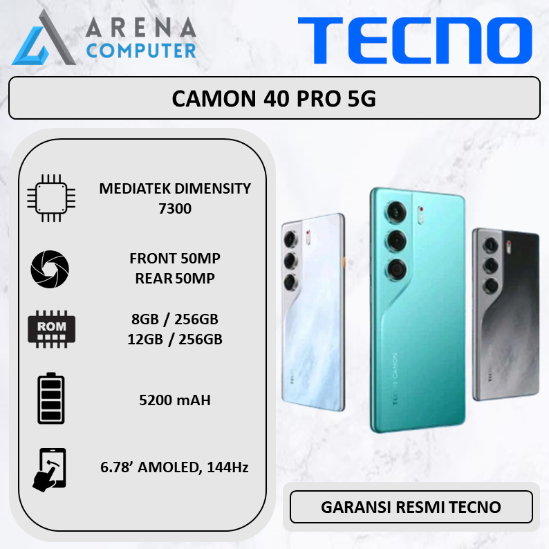 Tecno Camon 40 Pro 5G 8GB/256GB 12GB/256GB - Mediatek Dimensity 7300 - Main Camera 50MP - Garansi Re