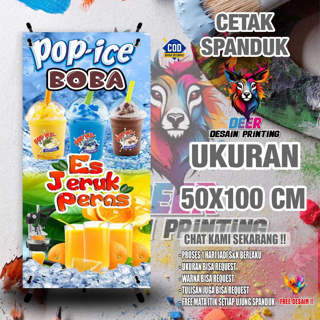 Cetak Spanduk Cetak Banner POP ICE BOBA DAN ES JERUK PERAS Costom Desain