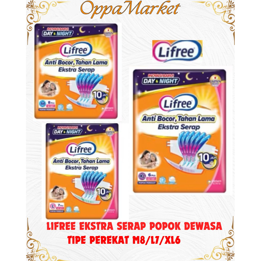 Lifree Ekstra Serap Tipe Perekat Popok Dewasa M8/L7/XL6