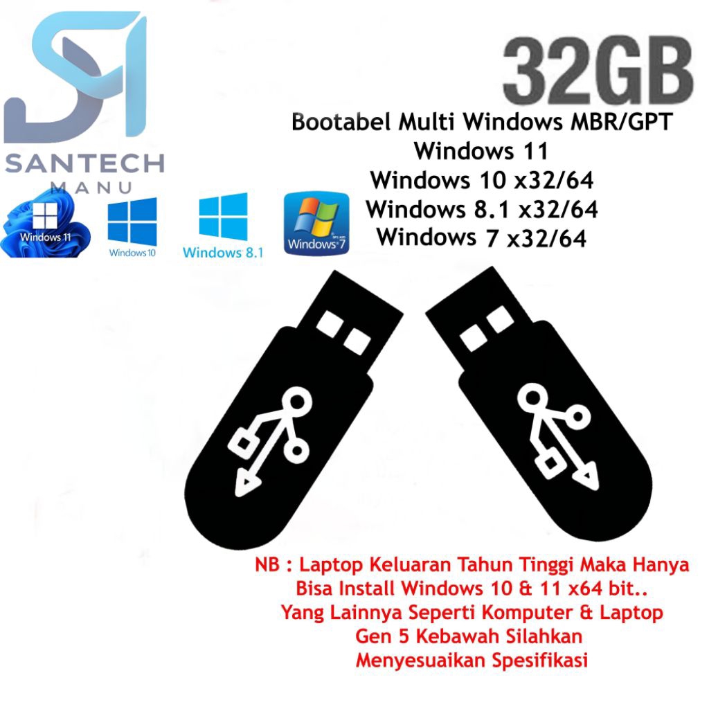 Bootable Flashdisk Windows 7/8.1/10/11 x32/64 UEFI & Legacy