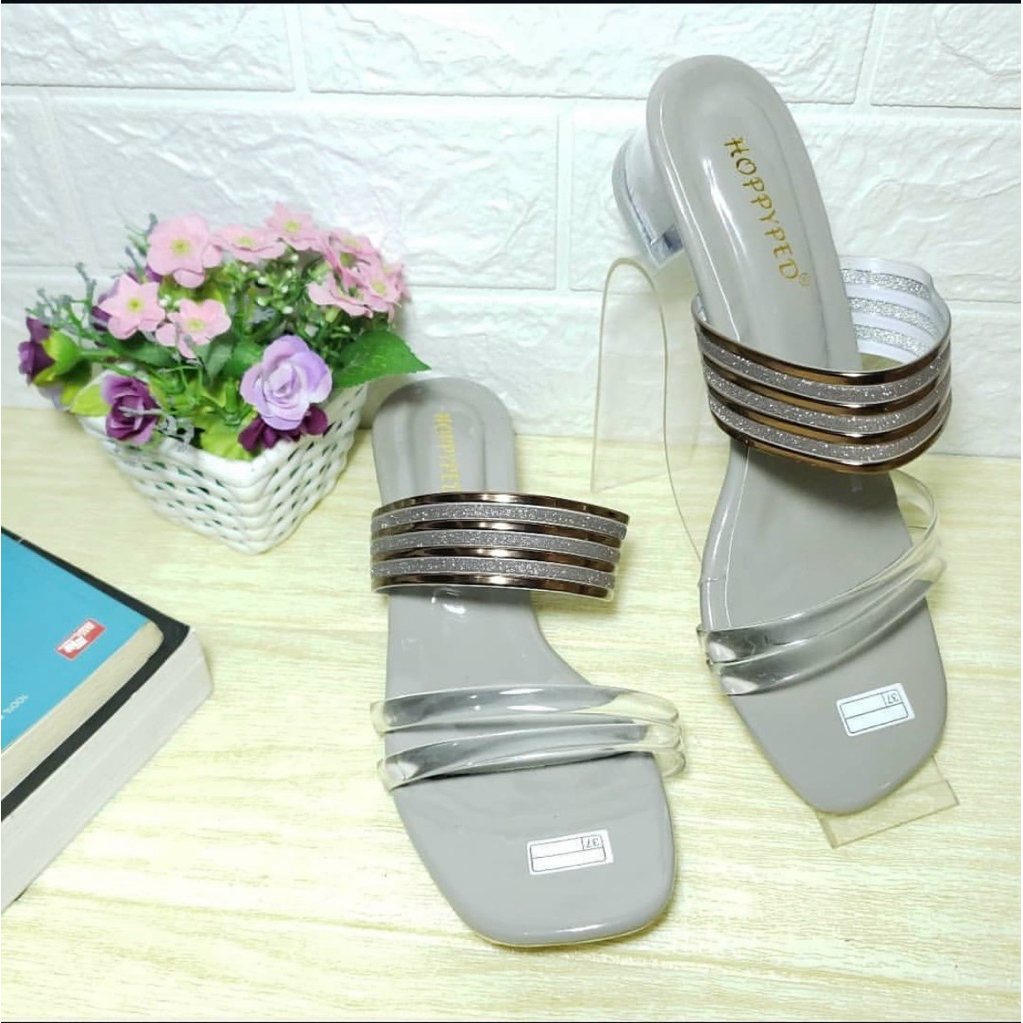 sandal hak kaca 3cm hak kotak slop