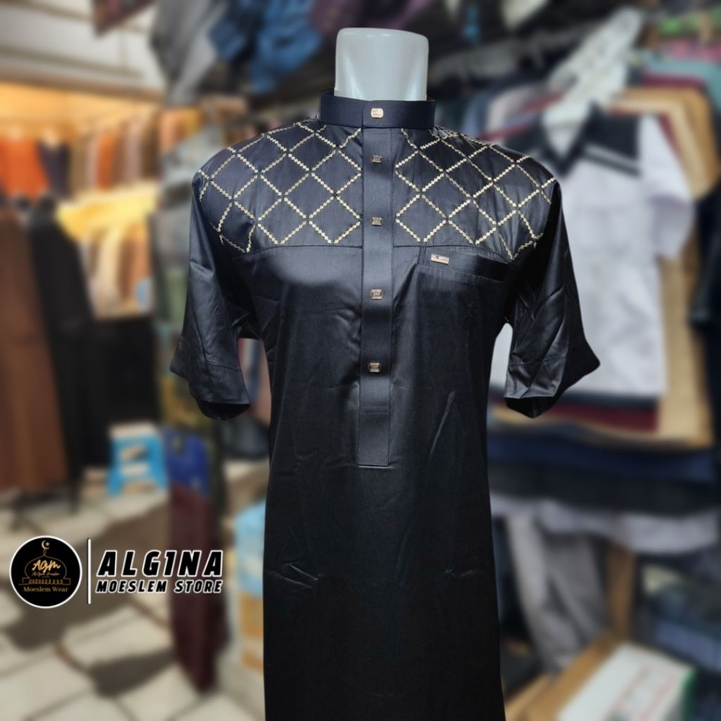 Gamis Al Wafa Hitam Lengan Pendek Bahan Satin Korea Bordir | Jubah Muslim Lengan Pendek Warna Al Waf