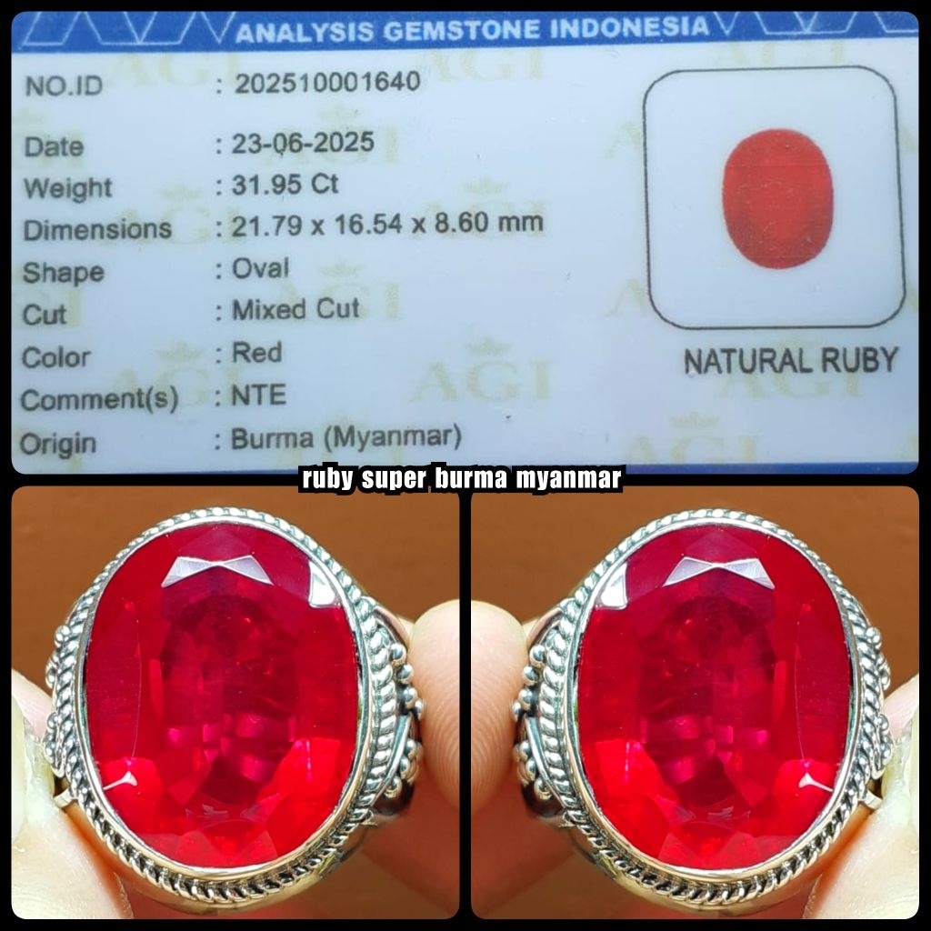 BARU RUBY JUMBO KELAS KONTES DELIMA BURMA + RING PERAK