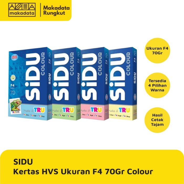 KERTAS HVS / KERTAS FOTOCOPY / KERTAS PRINT SIDU F4 70 GRAM COLOUR (1 RIM)