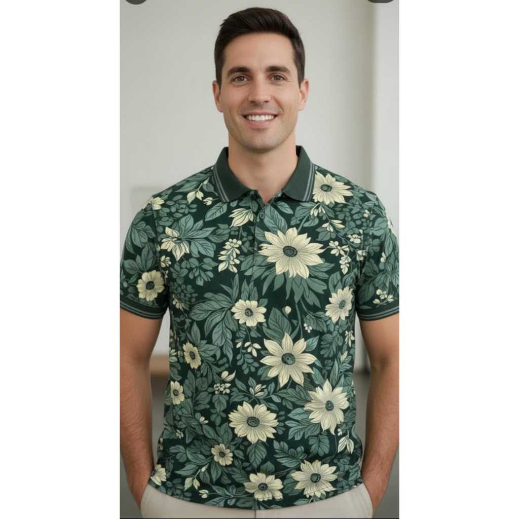 polo tshirt full print motif hijau daun bunga