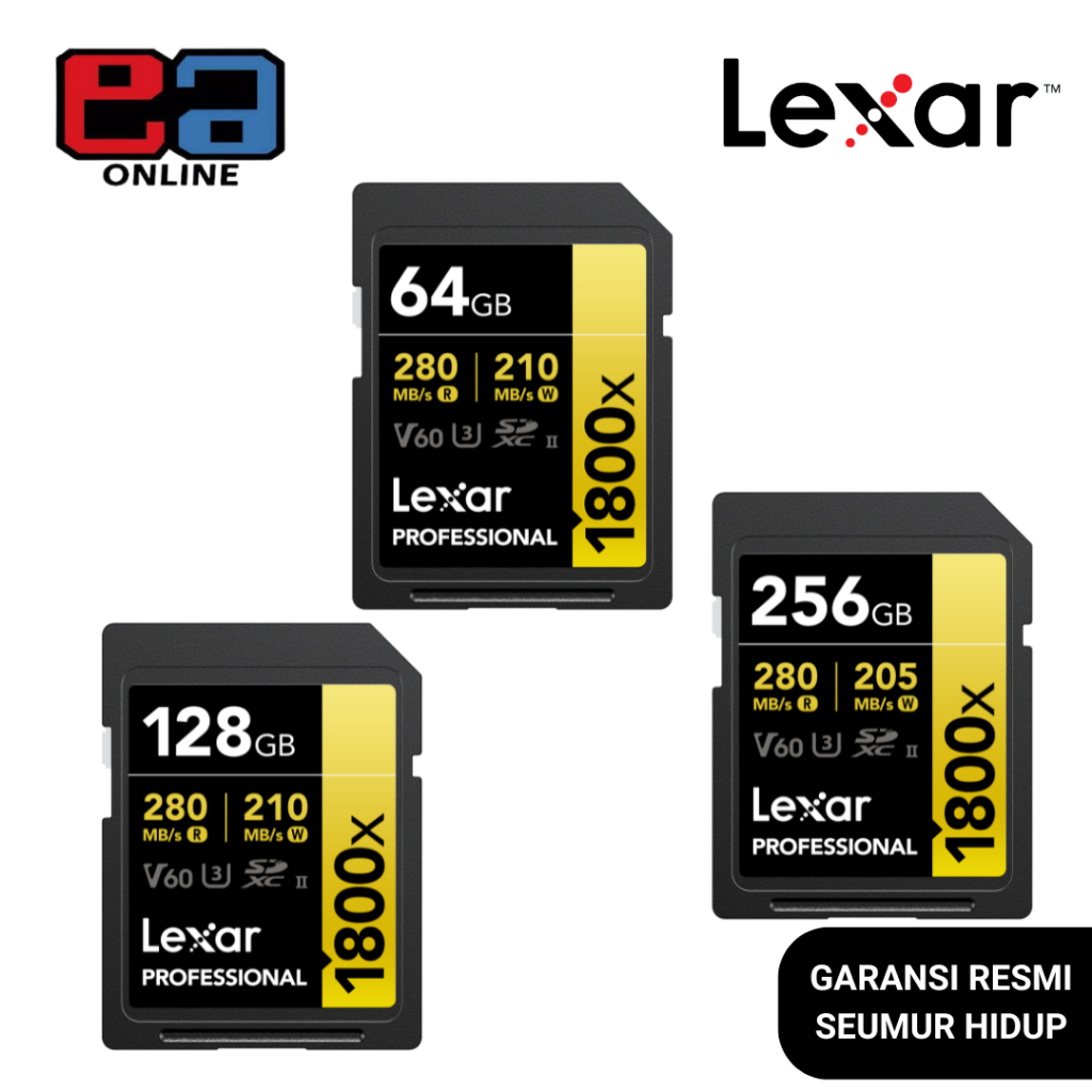 Lexar Professional 1800x SDXC V60 UHS-II Up To 280MB/s - 64GB / 128GB / 256GB