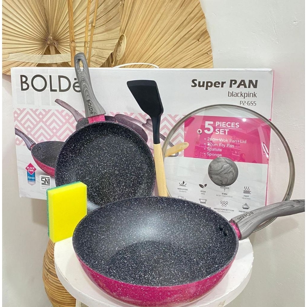 BOLDE Super Pan Granite 5 pcs set Black Pink / panci set bolde 5pcs granite coating
