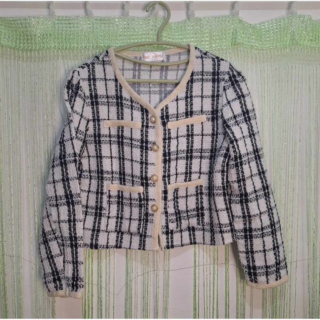 outer blazer hs kotak-kotak hitam putih atasan wanita