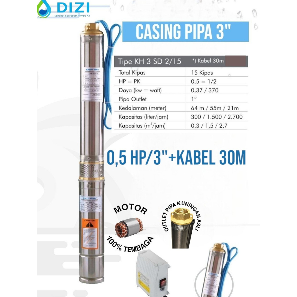 Kaito Hiro 3" 0,5 hp + kabel 30m Pompa Satelit Submersible