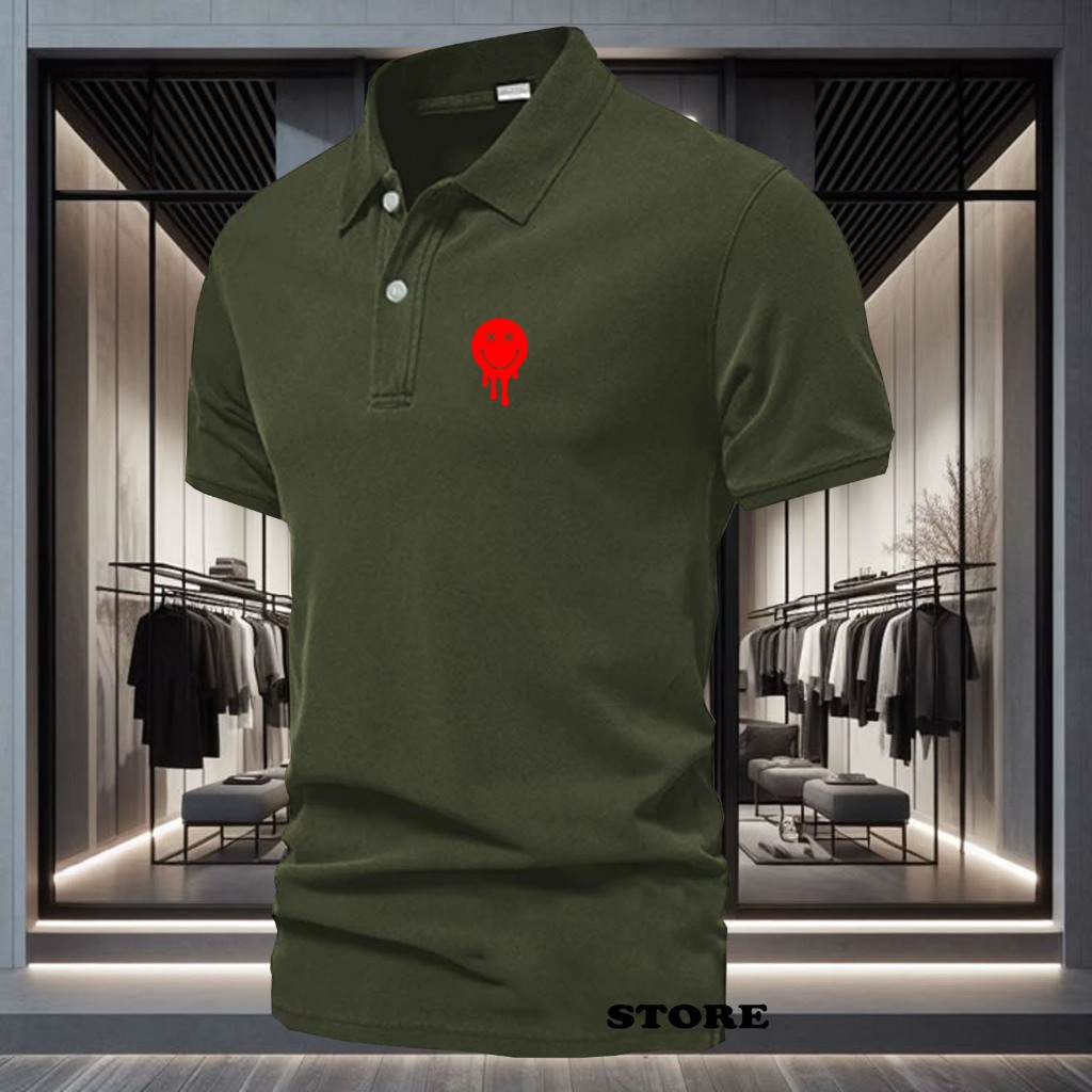 Store - T Shirt Polo Lengan Pendek Kerah Motif Emot Merah T Shirt Pria & Wanita