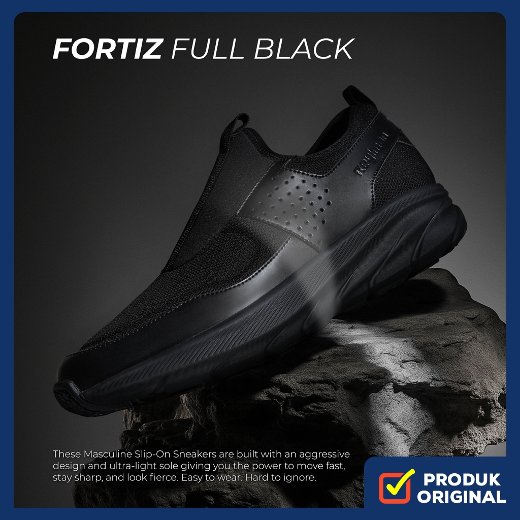 FORTIZ FULL BLACK ORIGINAL x REYL MAN Sepatu Sneakers Slip On Hitam Polos Pria Kets Tanpa Tali Casua