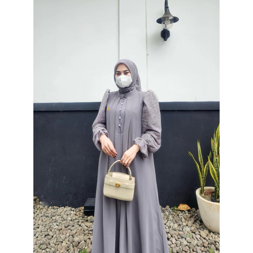 Salwa Dress Set Hijab Ceruty Mix Tille Chantily Full Furing Gamis Muslim Wanita Busui Polos Mewah Si