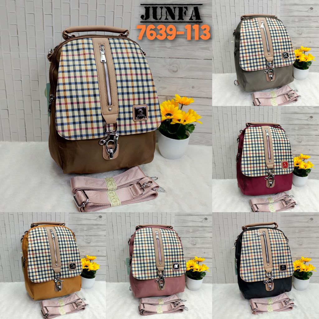 Tas ransel wanita multifungsi junfa kotak kotak 7639-113 bahan parasut kualitas original