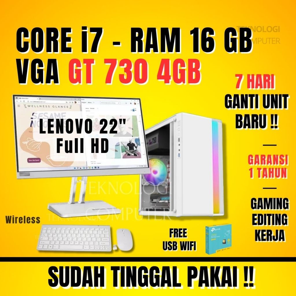 Core i7 | VGA 4 GB | Full Set 22" | PC Gaming Editing Rendering | CPU Komputer Rakitan ( i7 - P )