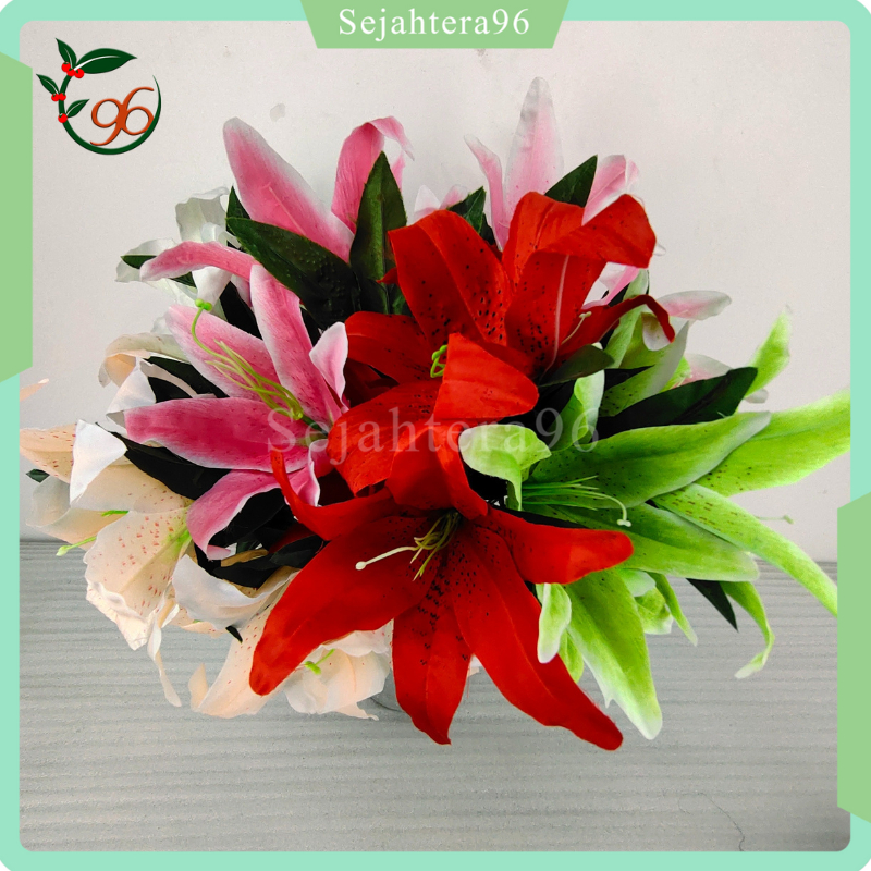 Bunga Lily Cabang 5  - Dekorasi Lily Tiger Casablanca plastik lili Hiasan Pernikahan Bunga Artificia
