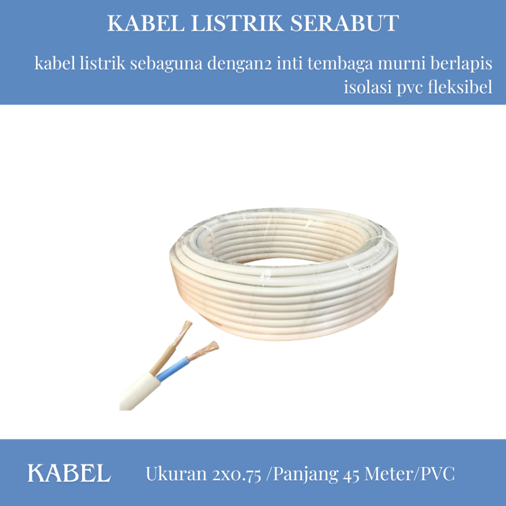 Kabel Listrik Serabut 2x1.5mm 1 Roll 50 Yard Warna  Putih Kabel Listrik Tembaga Murni